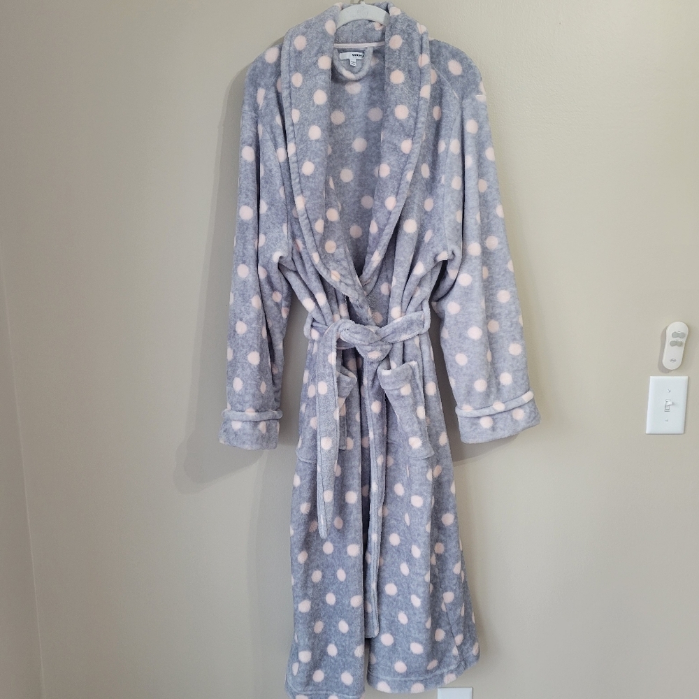 Sonoma Full Length Fleece Plush Robe Gray and Pink Polka Dot Size XL